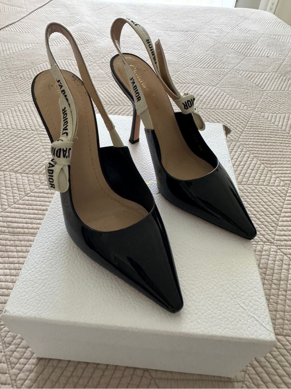 Dior Black Patent Slingback Pumps with J'Adior Ribbon